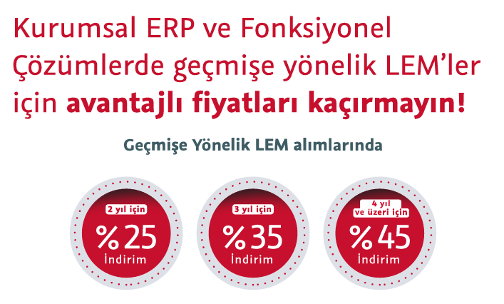 Kurumsal ERP ve Fonksiyonel Çözümlerde geçmişe yönelik LEM'ler için avantajlı fiyatları kaçırmayın.